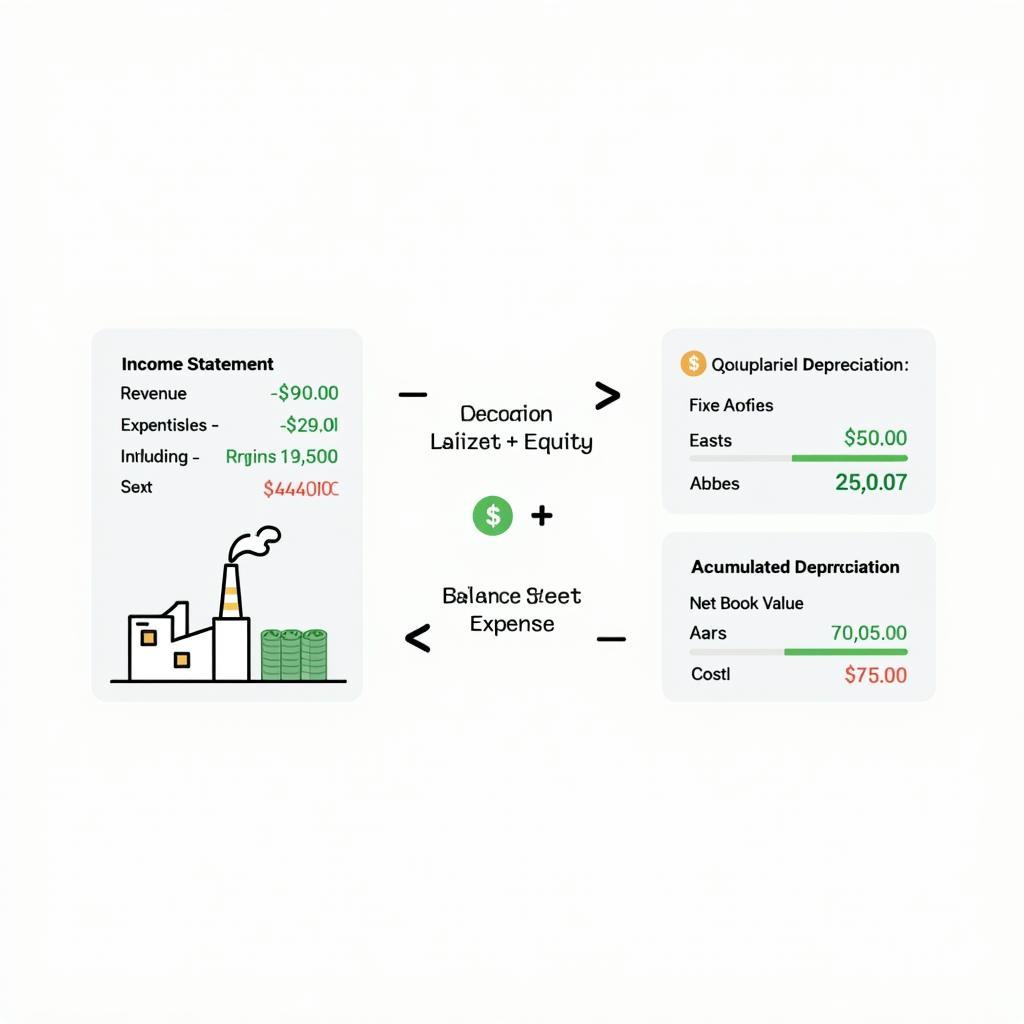 Minh họa cách khấu hao ảnh hưởng đến lợi nhuận và giá trị tài sản trên báo cáo tài chính doanh nghiệp.
