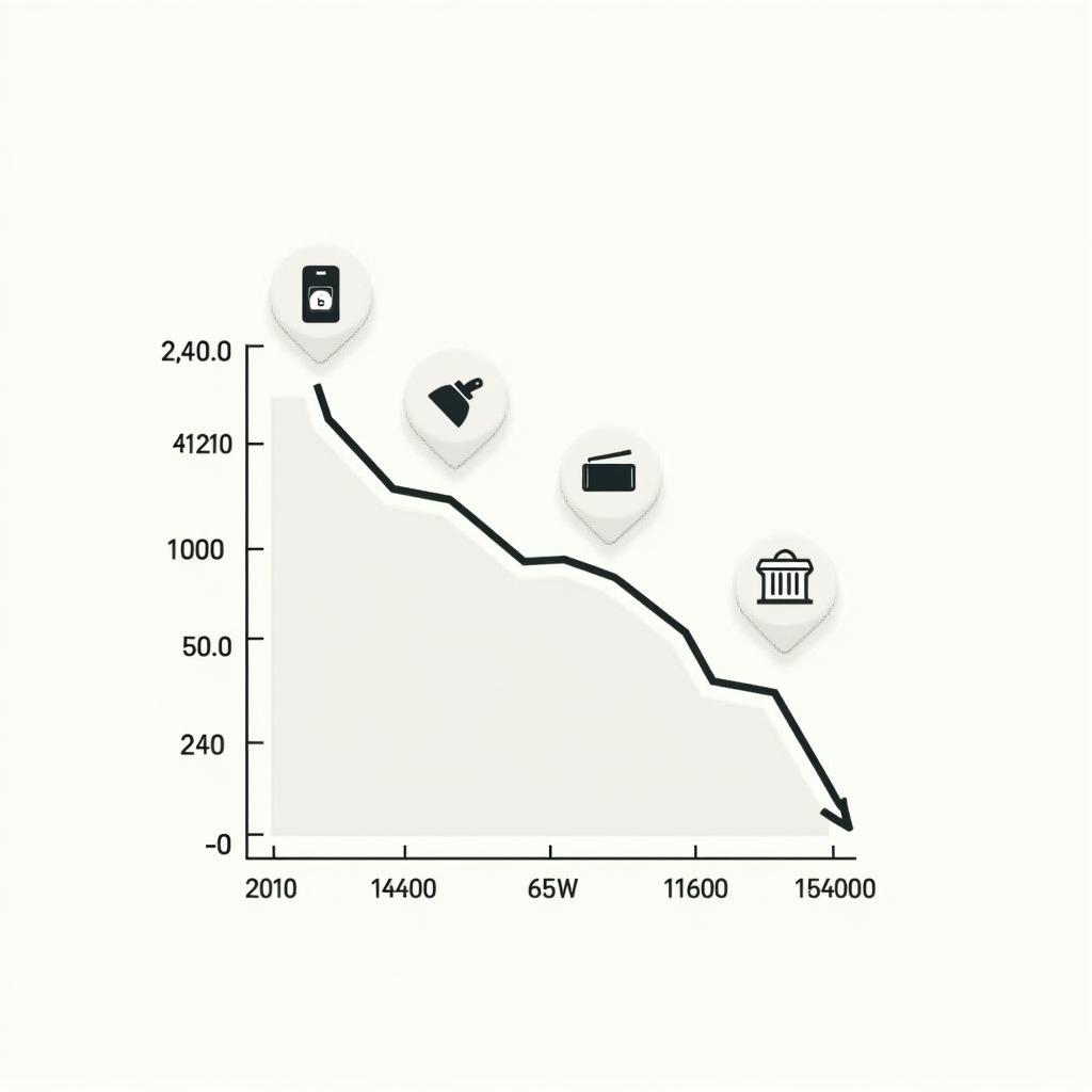 Minh họa giảm phát khi giá cả hàng hóa dịch vụ suy giảm liên tục theo thời gian.